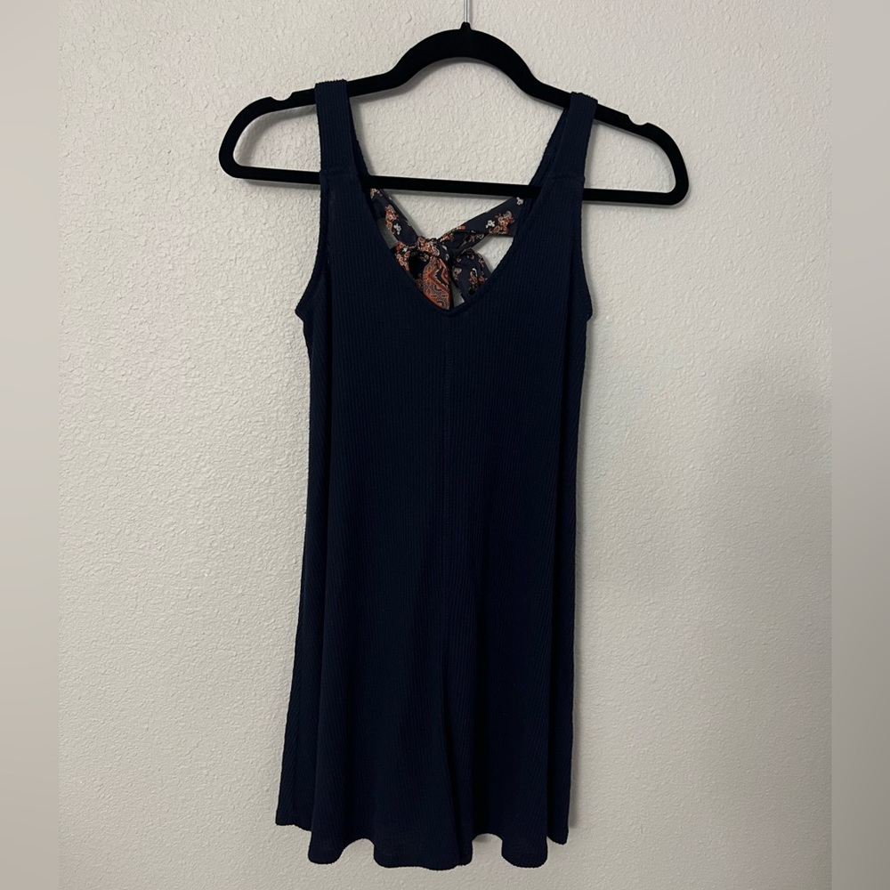 navy blue franchesca’s summer dress with patterned back tie